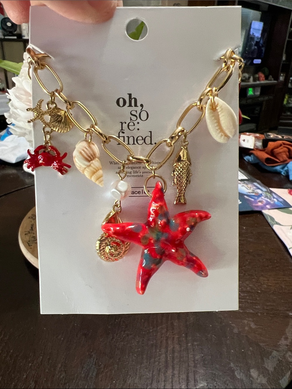 New Oh So Refined Gold Chain Beach Charm Bracelet with Red Starfish